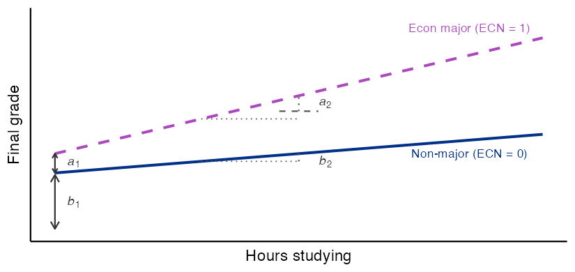 Schematic graph with Hours studying on the x-axis and Final grade on the y-axis, both unlabeled numerically, with the y-axis starting at zero. Two upward-sloping lines diverge strongly as hours increase: a solid dark-blue line for Non-major (ECN = 0) with a shallower slope, and a dashed purple line for Econ major (ECN = 1) with a much steeper slope. A double-headed vertical arrow near the y-axis labeled b1 spans from just above the x-axis to just below the y-intercept of the non-major line. A text label a1 appears centered vertically between the two curves near the y-axis, indicating the intercept difference between the two groups. A slope triangle on the non-major line shows a dotted horizontal run and a dotted vertical rise labeled b2. An identical-run slope triangle on the Econ major line has a dashed tick separating the lower b2 portion from the upper dotted rise labeled a2, illustrating the extra slope for Econ majors. The Econ major curve label appears above the dashed line. The slope difference between the two groups is pronounced, making the a2 contribution visually prominent.