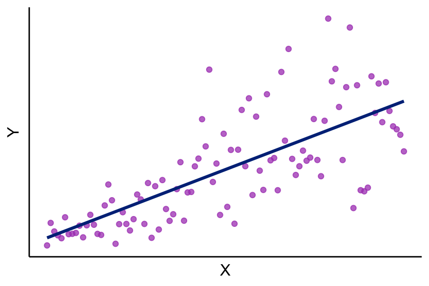 Scatter plot of Y against X illustrating heteroskedasticity. A regression line runs through the data. The vertical spread of points around the line grows larger as X increases, showing that error variance rises with X.