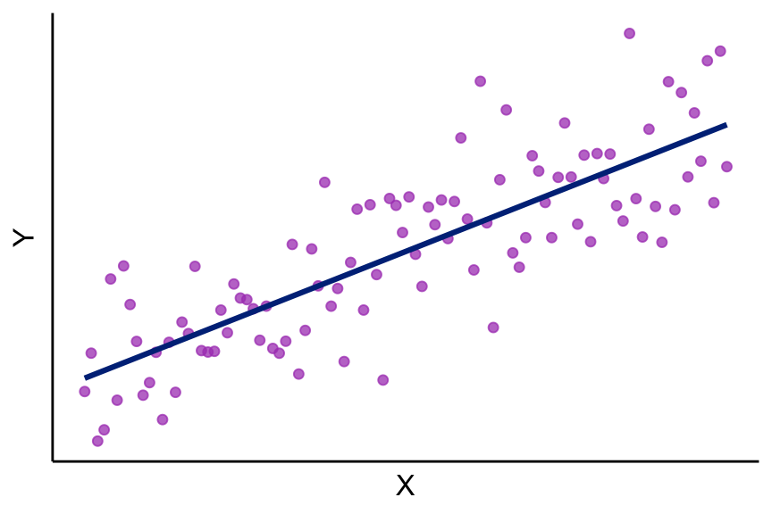 Scatter plot of Y against X illustrating homoskedasticity. A regression line runs through the data. The vertical spread of points around the line is roughly constant across all values of X, showing that error variance does not change with X.