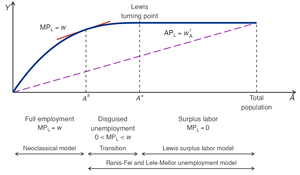 A schematic diagram of the agricultural production function. The horizontal axis is agricultural population, labelled A, running from zero to total population; the vertical axis is agricultural output, labelled Y. A solid curve rises steeply from the origin, bends over, and becomes exactly flat from a point labelled A plus onward, marked at the top as the Lewis turning point. A straight dashed ray from the origin to the right hand end of the curve is labelled AP subscript L equals w superscript r subscript A, the average product of labour and the reservation wage. A short solid straight line tangent to the curve at a point labelled A superscript F is labelled MP subscript L equals w, the marginal product of labour at the wage, and it is visibly steeper than the ray. Dashed vertical lines drop to the axis at A superscript F, at A plus, and at total population, dividing the axis into three regions labelled underneath: full employment where MP subscript L equals w, disguised unemployment where MP subscript L lies between zero and w, and surplus labour where MP subscript L equals zero. Double-headed arrows beneath show which model claims which range: the neoclassical model spans the full employment region, a transition spans disguised unemployment, the Lewis surplus labour model spans the surplus labour region, and the Ranis-Fei and Lele-Mellor unemployment model spans both disguised unemployment and surplus labour.