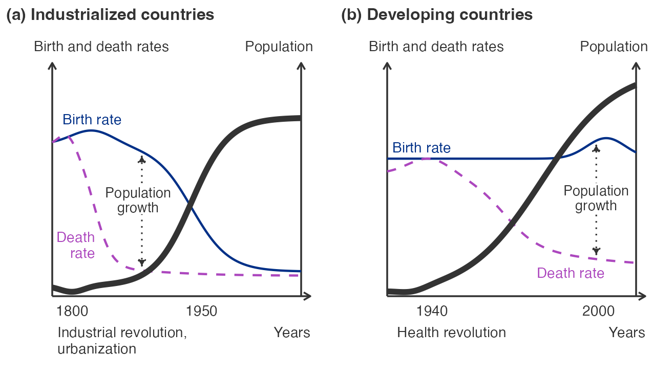 A schematic two-panel diagram of the demographic transition, drawn from historical regularities rather than data. Each panel has time on the horizontal axis, birth and death rates on the left vertical axis, and total population on the right vertical axis. Birth rates are thin solid lines, death rates thin dashed lines, and population a heavy line. A dotted double arrow between the birth and death rates marks population growth, the gap between them. Panel (a), industrialized countries, starts around 1800 with the industrial revolution and urbanization. Birth and death rates begin together at a high level. The death rate falls steeply soon after 1800, while the birth rate stays high and falls only later, around 1950, so a wide growth gap opens and then closes, ending with both rates low and close together. Population is an S-shaped curve: flat at first, rising fastest while the gap is open, then leveling off at a high plateau. Panel (b), developing countries, starts around 1940 with the health revolution. The birth rate stays flat at a high level and rises slightly before 2000. The death rate falls from about 1940 onward and keeps declining, so the growth gap is still wide at the right edge around 2000, and population rises steeply throughout, still climbing at the end of the panel.