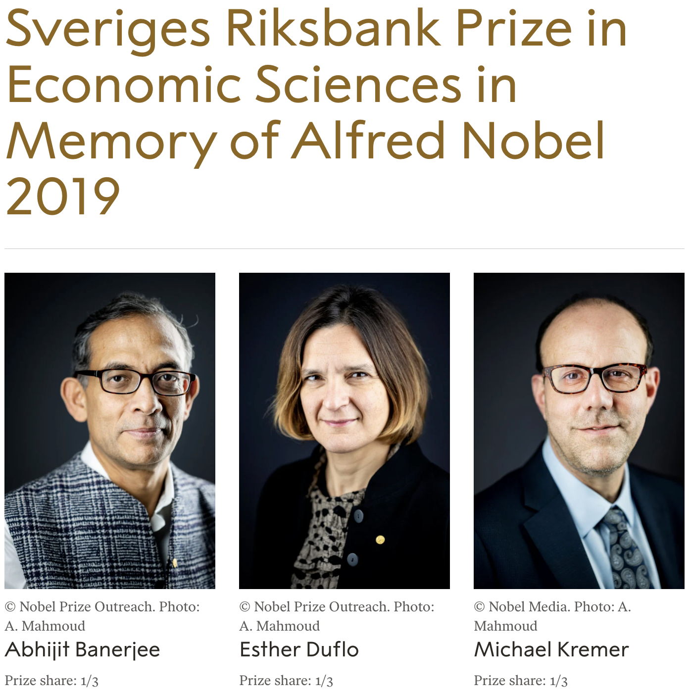 Headshots of Abhijit Banerjee, Esther Duflo, and Michael Kremer, winners of the 2019 Nobel Prize in Economics.