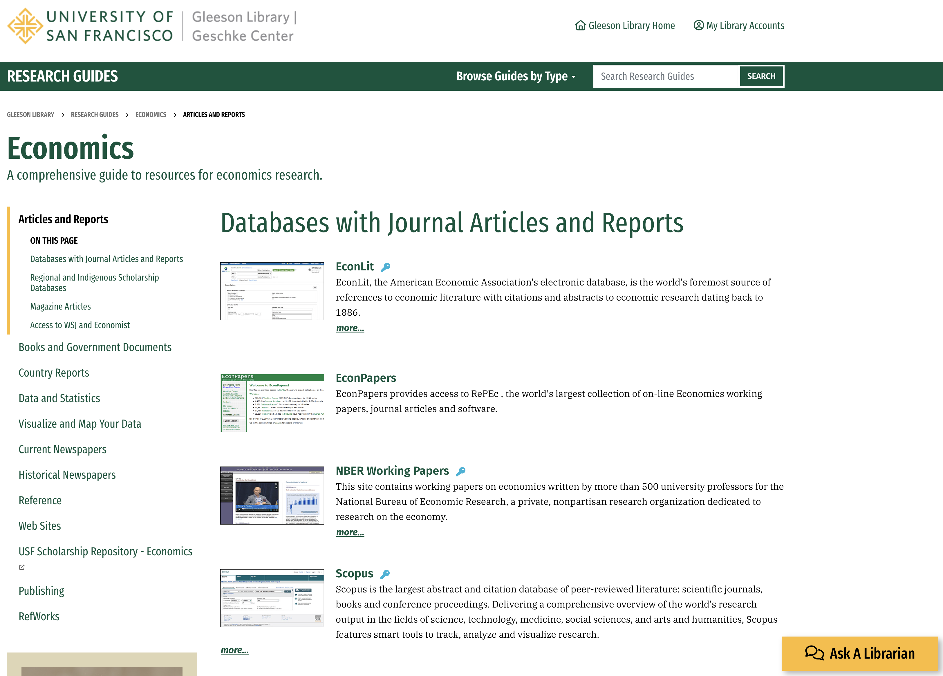 Screenshot of the Gleeson Library research guide page titled Economics, a comprehensive guide to resources for economics research. A left sidebar lists guide sections: Articles and Reports, Books and Government Documents, Country Reports, Data and Statistics, Visualize and Map Your Data, Current Newspapers, Historical Newspapers, Reference, Web Sites, USF Scholarship Repository Economics, Publishing, and RefWorks. The main panel, headed Databases with Journal Articles and Reports, lists EconLit, EconPapers, NBER Working Papers, and Scopus, each with a thumbnail and a short description. An Ask A Librarian button sits in the lower right corner.